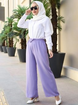 Beli Lastikli Salaş Lila Pantolon