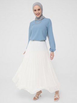 Beli Lastikli Piliseli Şifon Ekru Etek