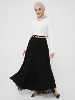 Beli Lastikli Piliseli Şifon Siyah Etek