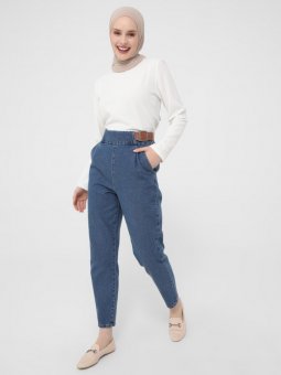 Doğal Kumaşlı Kemerli İndigo Kot Pantolon