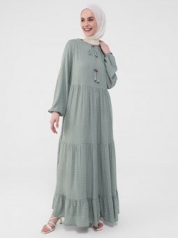 Doğal Kumaşlı Yakası Bağcıklı Desenli Koyu Çağla Elbise