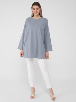 Büyük Beden Doğal Kumaşlı Sade Buzul Mavi Tunik
