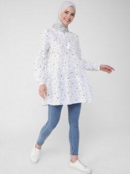 Doğal Kumaşlı Çiçek Desenli Beyaz Tunik