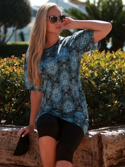 Alev Tuğra Desen Turkuaz Yarım Kapalı Mayo