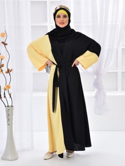 Önü Açık Garnili Siyah Sarı Ferace