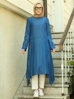 Cep Detaylı Koyu Mavi Tunik