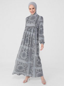 Biye Detaylı Robadan Genişleyen Desenli Viskon İndigo Elbise