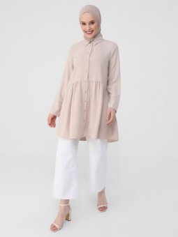 Çizgili Bel Kısmı Büzgülü Şık Pudra Tunik