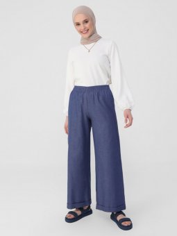 Denim Görünümlü Geniş Paça Mavi Pantolon