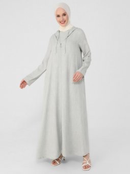 Keten Görünümlü Gizli Cepli Gri Kapüşonlu Ferace