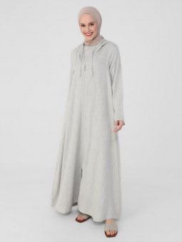 Keten Görünümlü Gizli Cepli Kapüşonlu Su Yeşili Ferace