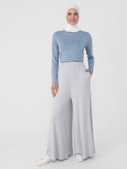 Viskon Kumaştan Beli Lastikli Gri Pantolon