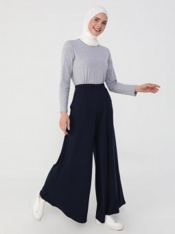 Viskon Kumaştan Beli Lastikli Lacivert Pantolon
