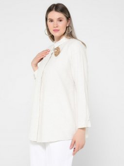 Büyük Beden Doğal Kumaşlı Gizli Düğmeli Ekru Tunik