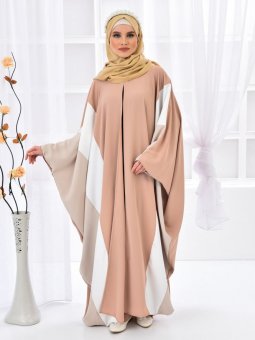 Üç Renkli Önü Açık Bej Ferace Elbise