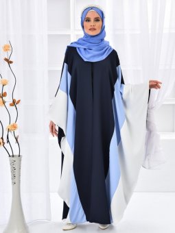 Üç Renkli Önü Açık Lacivert Ferace Elbise