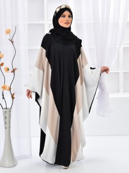 Üç Renkli Önü Açık Siyah Bej Ferace Elbise