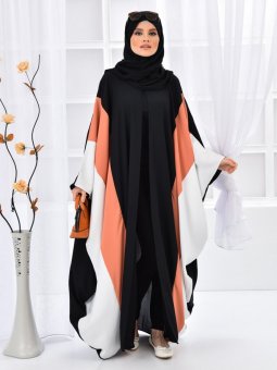 Üç Renkli Önü Açık Siyah Kiremit Ferace Elbise