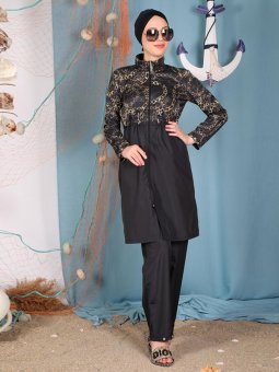 Zincir Desenli Siyah Tam Kapalı Mayo