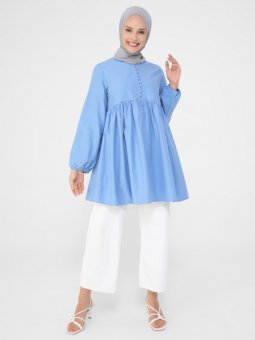 Brit Düğme Detaylı Robadan Genişleyen İndigo Tunik