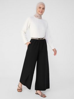 Geniş Paça Beli Lastikli Pamuklu Siyah Pantolon