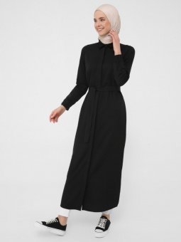 Oxford Kumaştan Gizli Düğmeli Uzun Gömlek Siyah Elbise