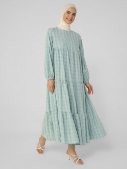 Waffle Efekt Dokulu Kumaşlı Geniş Kesim Çağla Elbise