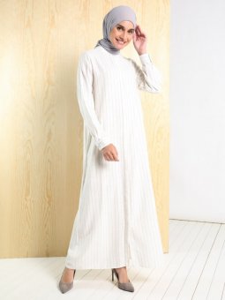 Pamuk Keten Gizli Düğmeli Çizgili Haki Ferace