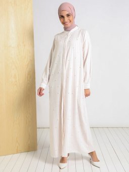 Pamuk Keten İnci Detaylı Çizgili Pembe Ferace