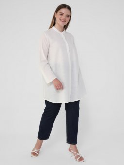 Büyük Beden Doğal Kumaşlı Düğmeli Beyaz Tunik