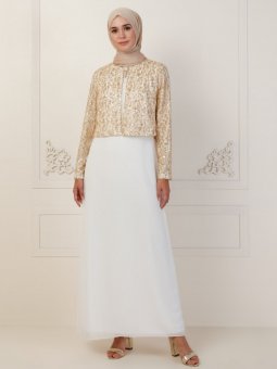 Ekru Ceketli Kolsuz Abiye Elbise