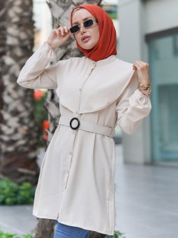 Beli Kemerli Pelerinli Aerobin Taş Tunik