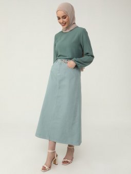 Doğal Kumaşlı Cep Detaylı Kot Çağla Etek