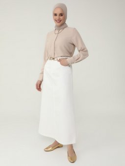 Doğal Kumaşlı Cep Detaylı Kot Ekru Etek