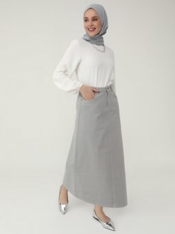 Doğal Kumaşlı Cep Detaylı Kot Gri Etek