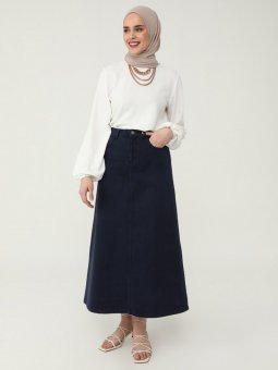 Doğal Kumaşlı Cep Detaylı Kot Lacivert Etek