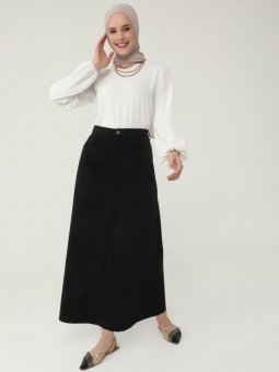 Doğal Kumaşlı Cep Detaylı Kot Siyah Etek