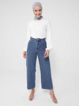 Geniş Paça Doğal Kumaşlı İndigo Kot Pantolon