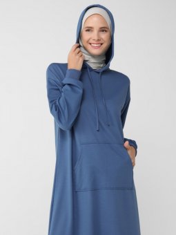 Kanguru Cepli Kapüşonlu Açık Lacivert Elbise