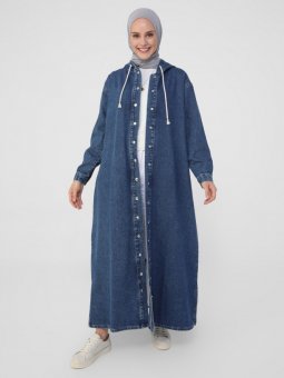Kapüşonlu Kot İndigo Pardesü