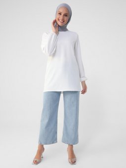 Ucu Lastikli Balon Kol Aerobin Beyaz Bluz