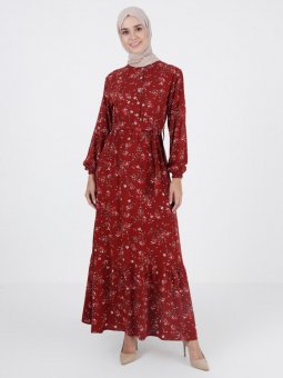 Çiçek Desenli Beli Lastikli Bordo Elbise