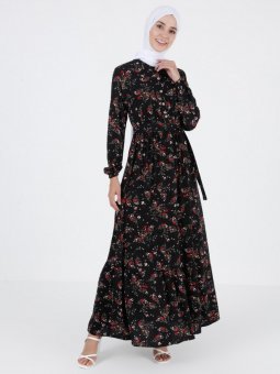 Çiçek Desenli Beli Lastikli Siyah Elbise