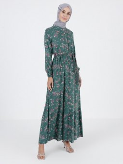 Çiçek Desenli Beli Lastikli Yeşil Elbise