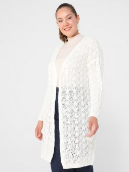 Büyük Beden Örgülü Triko Ekru Hırka