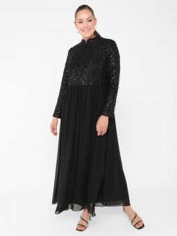 Büyük Beden Pul Payet Detaylı Siyah Abiye Elbise
