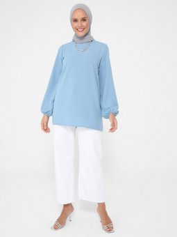 Ucu Lastikli Balon Kol Aerobin Açık İndigo Bluz