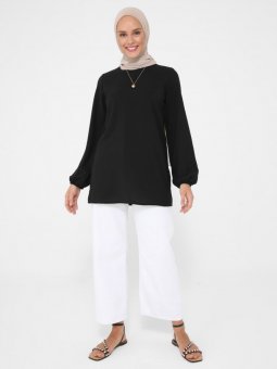 Ucu Lastikli Balon Kol Aerobin Siyah Bluz