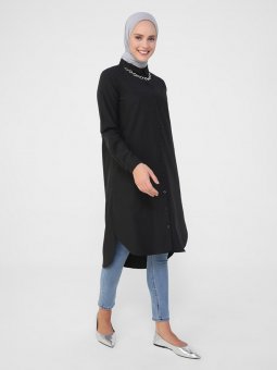 Yırtmaç Detaylı Uzun Poplin Siyah Tunik