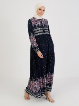 Çiçek Desenli Lacivert Elbise